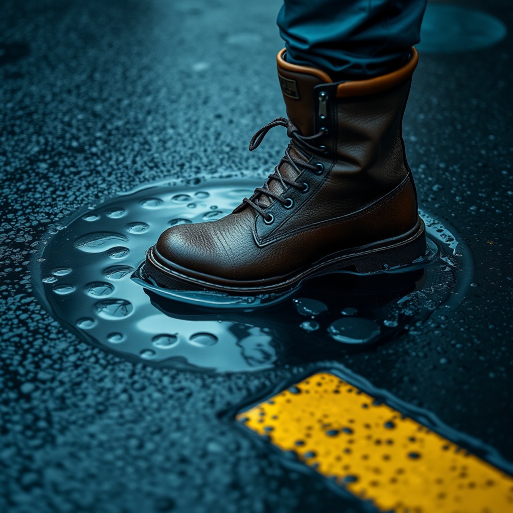 Boot stepping into a rain puddle