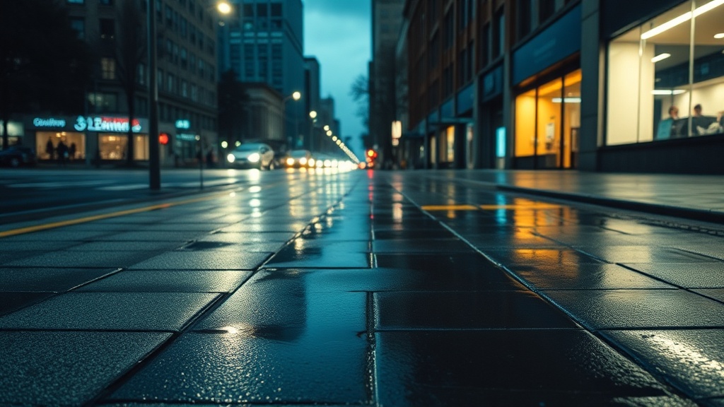 Rainy sidewalk with glossy puddles after a storm