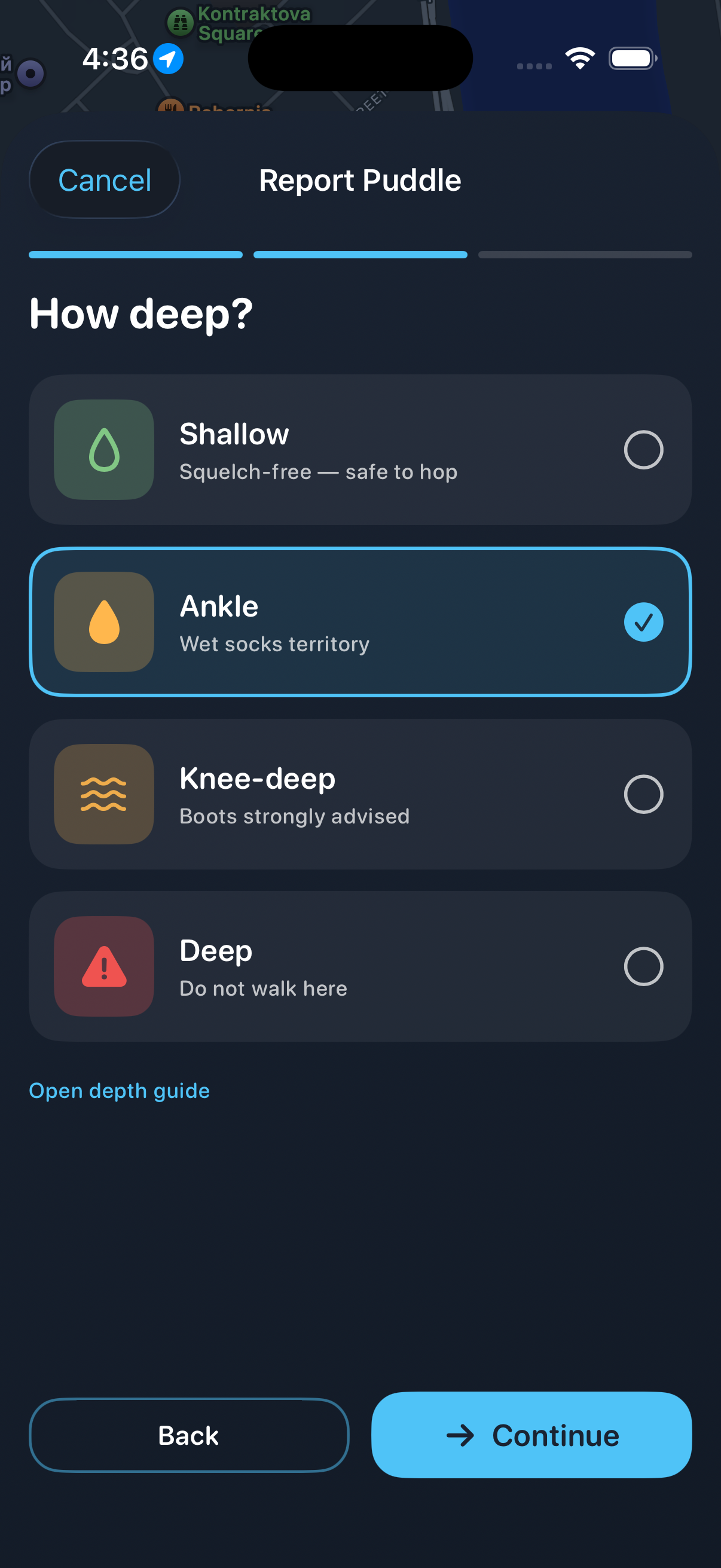 Report puddle depth picker